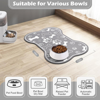 Dog Cat Food Mat,Rapid Absorbent Pet Feeding Mat, Bone Shaped Dog Placemat Water Bowl Mat with Rubber Backing,No Stains Dog Cat Food Mats Indoor, Pet Accessories Supplies 12"x18" Grey