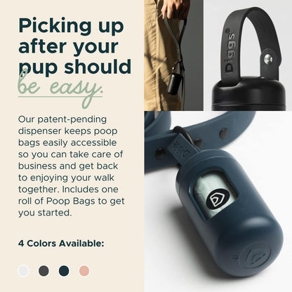 DIGGS Dog Poop Bag Dispenser for Leash - Premium Dog Waste Bag Holder with Easy One-Hand Dispensing (Navy)