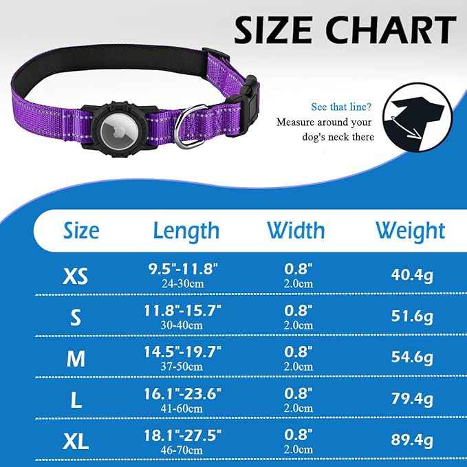 Airtag Dog Collar with Waterproof Air Tag Holder, Integrated Reflective Pet Collar with Soft Padding, Adjustable Nylon Collar for Small Medium Large Dogs, Purple,M (14.5"-19.7")