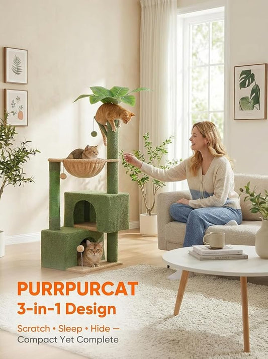 45-Inch Green Cat Tree with 2 Condos for Indoor Cats,Cat Tower with Scratching Posts for Small Cats,Cactus Cat Tree Tower with Hammock and Cat Toys