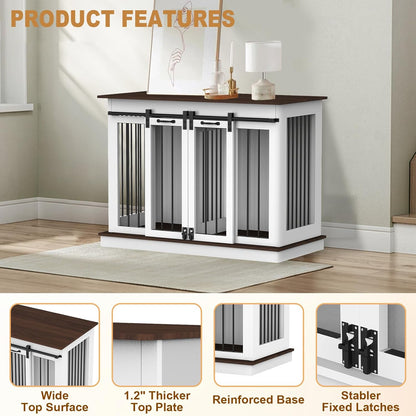 RQZ Double Dog Crate Furniture for 2 Dogs Heavy Duty Wood Dog Cage Table with 2 Sliding Doors and Removable Divider Dog Kennel Indoor for Medium Large Dogs (47" L x 24" W x 35" H)