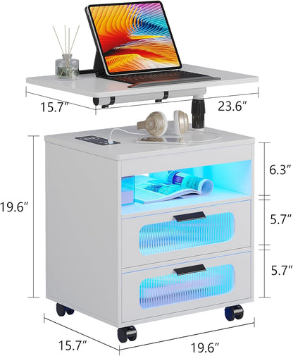HNEBC Nightstand Set of 2, LED Nightstand with Wireless Charging Station/USB Ports,Smart Nightstand Has Adjustable Rotary Workstation with 2 Drawers,Modern Bedside Table for Bedroom Furniture(White)