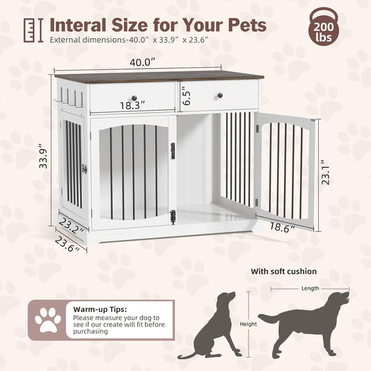 40 Inch Furniture-Style Dog Crate-Multipurpose Wood Pet Crate Furniture with Double Doors,2 Drawers, Decorative Dog House Indoor for Smal/Medium Dogs, White Finish
