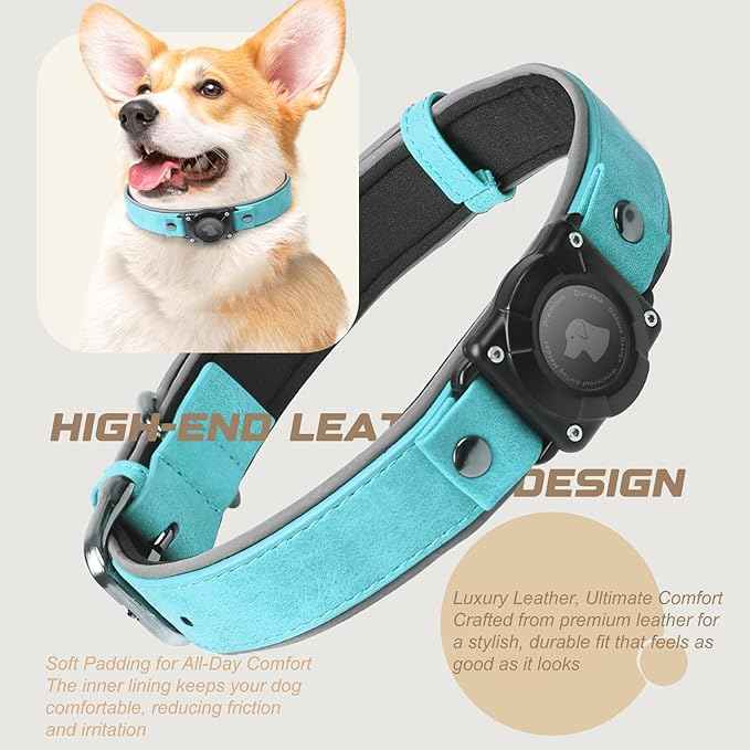 Leather AirTag Dog Collar, Waterproof Dog Collar with Air Tag Holder, Compatible with Apple Air Tag, Reflective, Durable, Comfortable Padded GPS Dogs Collars (Light Blue, XL)