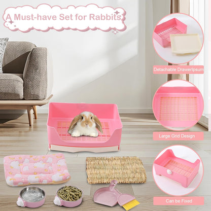 25 Pcs Large Rabbit Starter Kit, Bunny Litter Box with Drawer Animal Grooming Kit Stacking Cups Bowl Blankets Mat with Cleaning Set for Adult Guinea Pig, Ferret, Hamster, Bunnies Accessories (Pink)