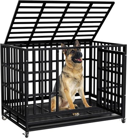 48 Inch Heavy Duty Dog Crate Kennel with Wheels, High Anxiety Indestructible Dog Crates for Large Dogs, XL XXL Extra Large Dog Crate with Removable Plastic Tray, Two Locks (Black, Square)
