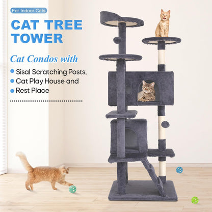 FDW Cat Tree 54in Cat Tower Multi-Level Durable Cat Scratching Post & Cozy Fun Cat Jumping Platform Space Saving Cat Condo Pet Play House for Indoor Cats,Ashy