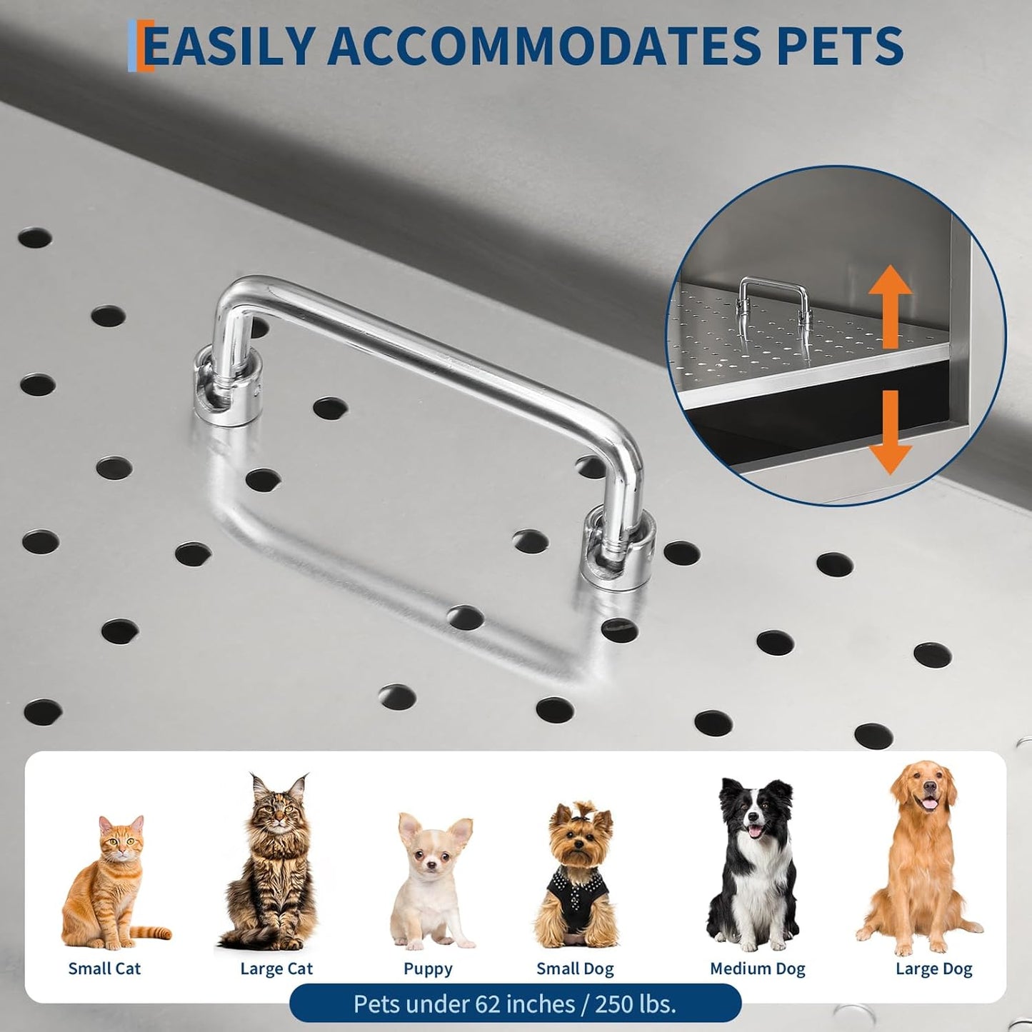 Stainless Steel Dog Washing Station - Dog Bath Tub for Large, Medium, Small Dogs, Pet Grooming Tub with Ramp, Non-Slip Grate, Shower, Soap Box, Faucet, Drain for Home & Outdoor （Right RAMP, 60"）