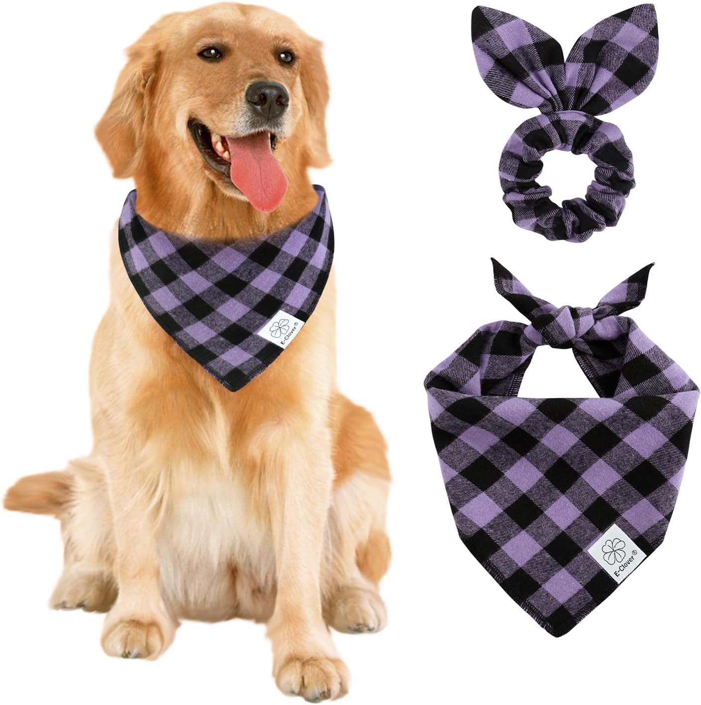 E-Clover Halloween Dog Bandanas & Matching Scrunchie-Plaid Dog Bandana Girl Boy Pet Scarf Kerchief for Medium Large Dogs Puppy Owner Mom Gifts Purple