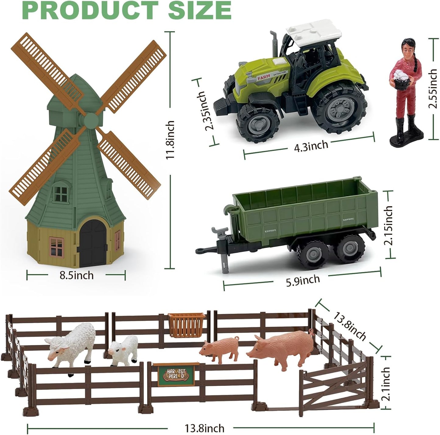 82PCS Farm Animals Toys Set Comes with Tractor Trailer, Windmill, Farmer, Fence - Playset for Kids Toddlers Boys Girls 5+ Years Old