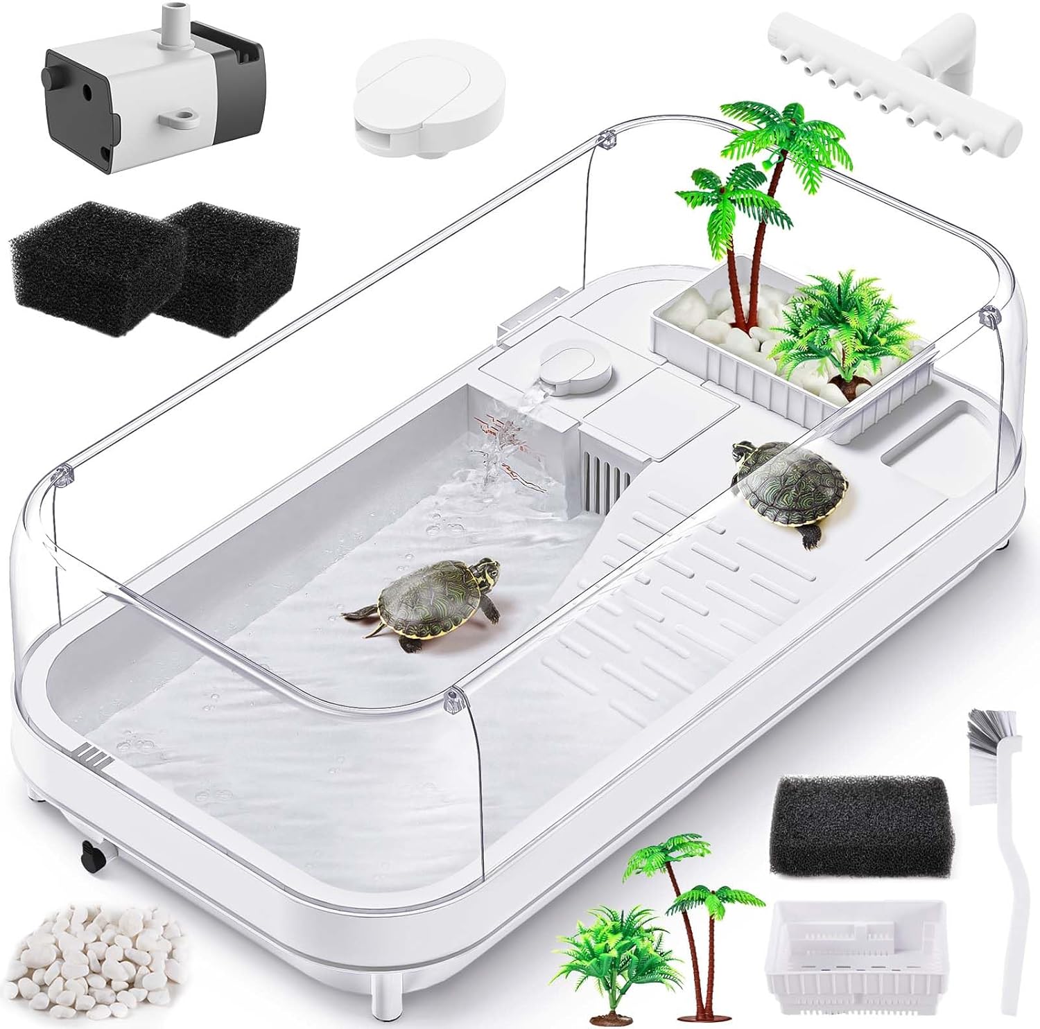 Large Turtle Tank with Water Pump, Acrylic Turtle Tank Starter Kit with Heightened and Curved Fences, Multi-Function Areas, Bottom Drainage - Pawvie
