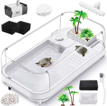 Large Turtle Tank with Water Pump, Acrylic Turtle Tank Starter Kit with Heightened and Curved Fences, Multi-Function Areas, Bottom Drainage - Pawvie