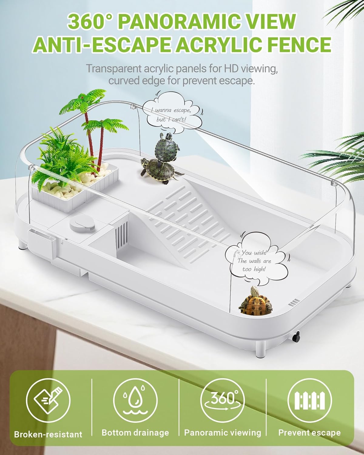 Large Turtle Tank Kit with Lamp and Filter, Acrylic Turtle Tank Starter Kit, Tank Aquarium with Heightened and Curved Fences, Bottom Drainage, Multi-Function Areas - Pawvie