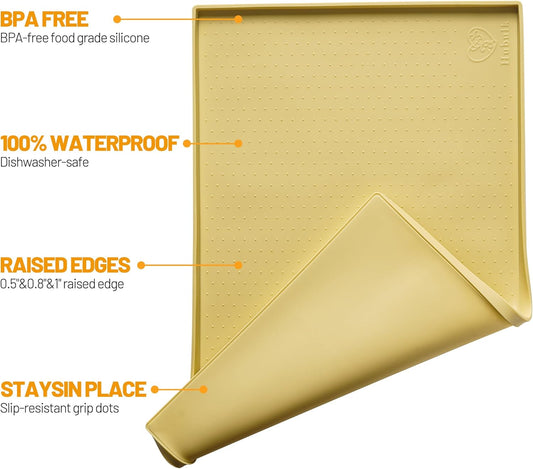 Hubulk Dog Feeding Mat,100% Waterproof Food Grade Silicone Pet Food and Water Bowl Placemat,Dishwasher, High Raised Edge to Prevent Spills,Nonslip Tray to Stop Messes on Floor(28"x18"x0.8", Yellow)