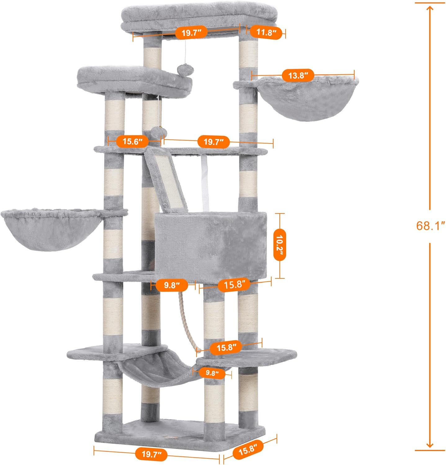 Heybly Cat Tree, 68 inch Multi-Level Cat Tower for Indoor Cats, 2 Widened Plush Perches Cat Condo with Scratching Board and Big Caves, Light Gray HCT025W