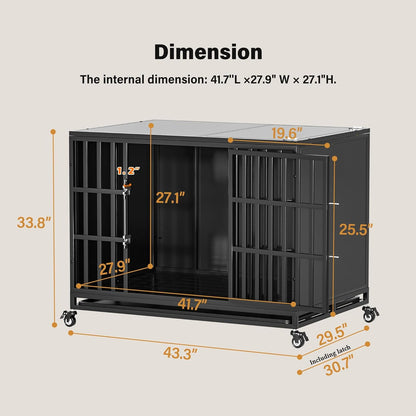 42 inch Heavy Duty Dog Crate with Self-Locking Latch, Indestructible Steel Large Kennel with Enclosed Design, Chew-Proof and Escape-Proof Pet Cage for High Anxiety Dogs