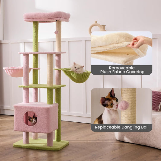 Gardner Pet 65in Heavy Duty Cat Tree Tower for Large Cats, Multi-Level Cat Furniture with Replaceable Sisal Scratching Post, Hammock | Extra-Large Platform & Condo (Pink&Green, Basic φ:2.84")