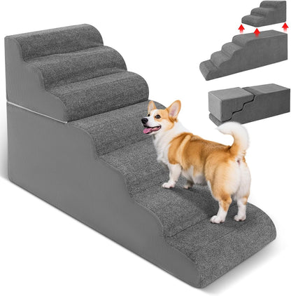 6-Step Dog Stairs for High Bed - 25.5" Adjustable Dog Ramps for Couch, Non-Slip Sturdy Pet Steps for Small Dogs, Washable Cover, Removable Modular Design, Dual 11” & 14.5” Steps for Custom Height