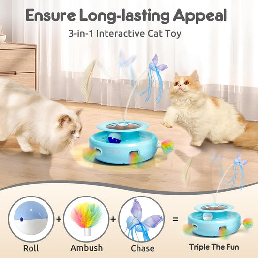 ORSDA Cat Toy, 3-in-1 Automatic Interactive Electronic Moving Ambush Feather, Fluttering Butterfly, Track Balls, USB Rechargeable Powered Smart Indoor Exercise Kicker