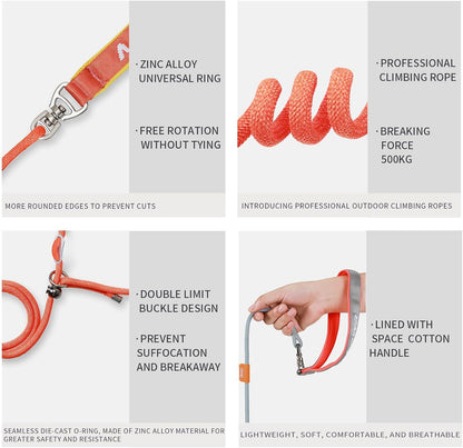 Dog Anti-Slip Leash 5FT with Metal Stopper - Durable No-Pull Training Lead for Small, Medium & Large Dogs - Comfortable Handle Nylon Rope, Tangle-Free Pet Walking Leash (Orange, 5.6FT)