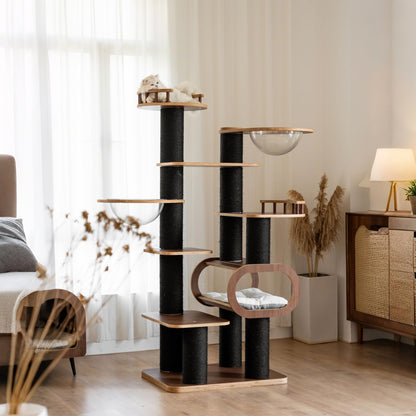 70.8'' Tall Luxury Cat Tree,All i,ne One Black Walnut Wood Modern Cat Tower for Indoor Large,Huge Multi-Level Cat Furniture with Scratching Posts,Condo,Cushion,Clear Bowl,Platform for Home Decoration