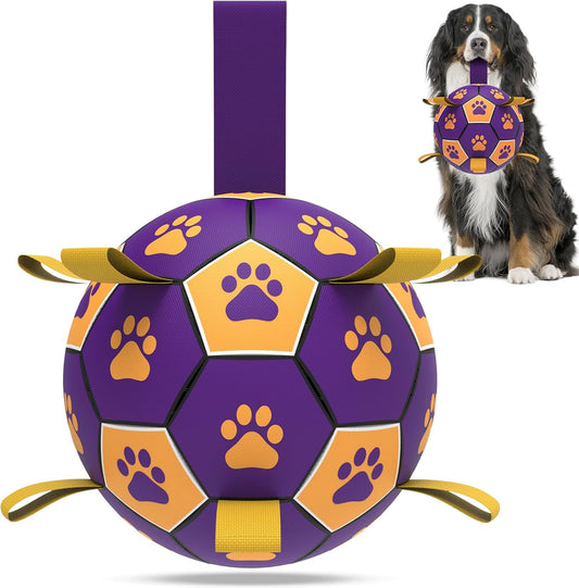 QDAN Extra Large Dog Toys Soccer Ball - Durable Dog Balls for Extra Large Dogs with Straps, Interactive Dog Tug Toy with Strap for Tug of War (9 Inch)