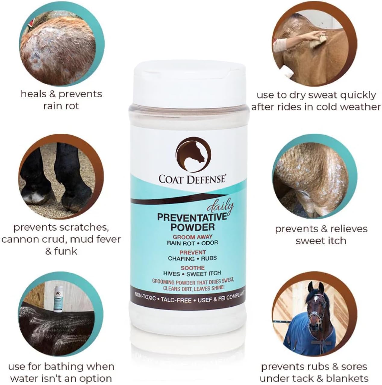 COAT DEFENSE Daily Preventative Powder for Horses - Safe & Effective Equine Skin Conditioner Sweet Itch, Skin Funk, & Rain Rot - Dry Horse Shampoo, 16 oz Formula with All Natural Ingredients