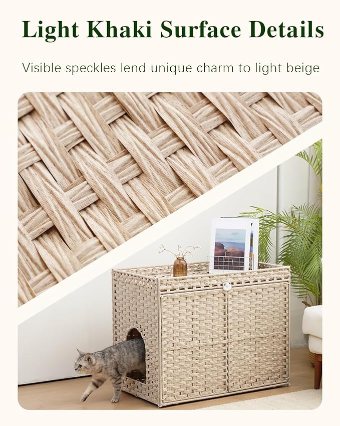 Cat Litter Box Enclosure Furniture, Hidden Litter Box, Cat Litter Box Cabinet with 2 Litter Mats, Handwoven Rattan Large Space Cat House Indoor, Living Room, Bedroom, Apartment Light Khaki