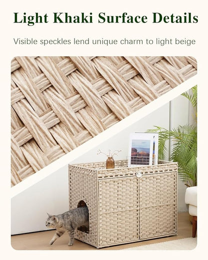 Cat Litter Box Enclosure Furniture, Hidden Litter Box, Cat Litter Box Cabinet with 2 Litter Mats, Handwoven Rattan Large Space Cat House Indoor, Living Room, Bedroom, Apartment Light Khaki