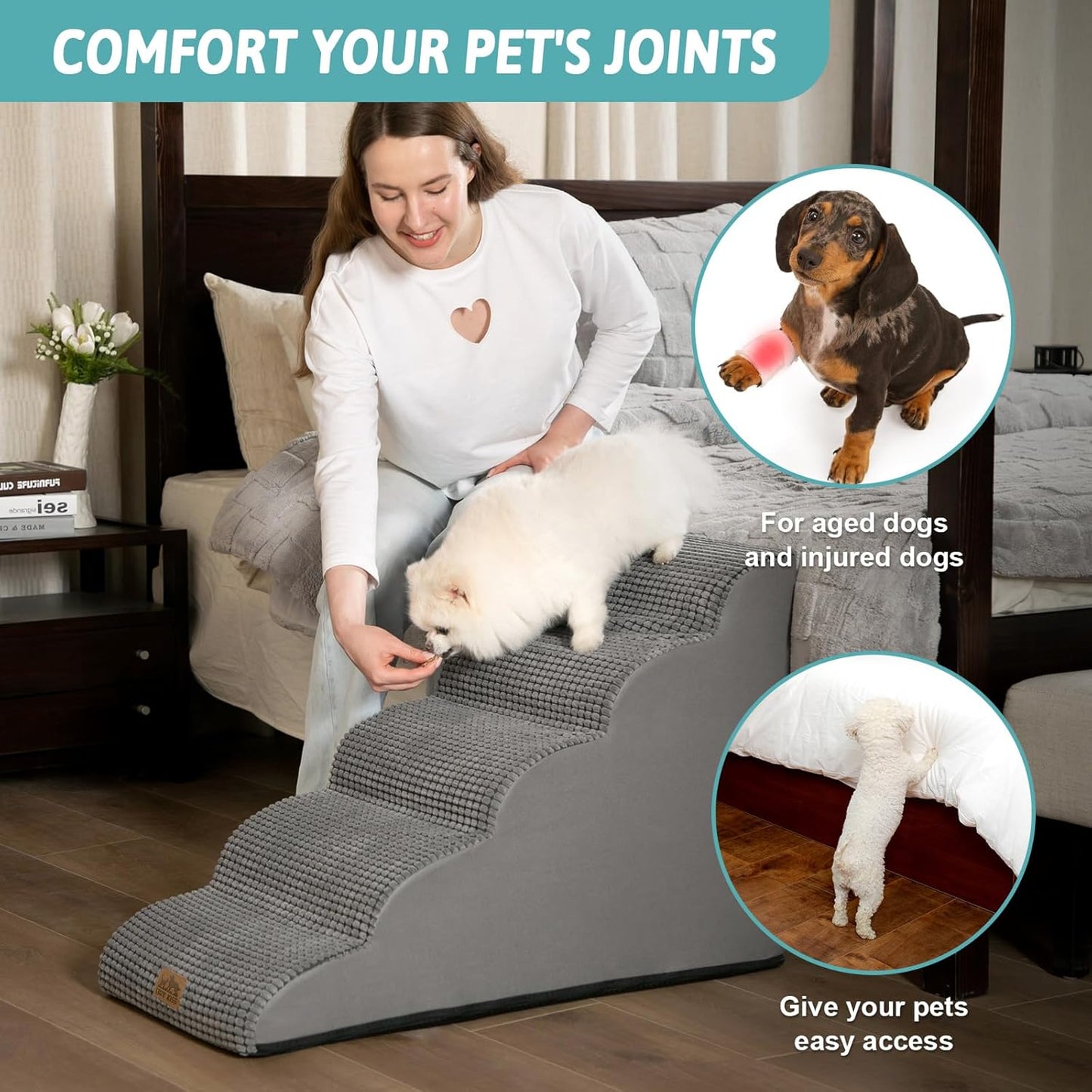 Dog Stairs for High Bed 22.6" H, Small Dog Step for Puppy, Older or Cat, Curved Ramp for Car, Ladder with High Density Foam, Lightweight, Durable, 15.7x33x22.6 inch, 5 Step, Light Grey - Pawvie