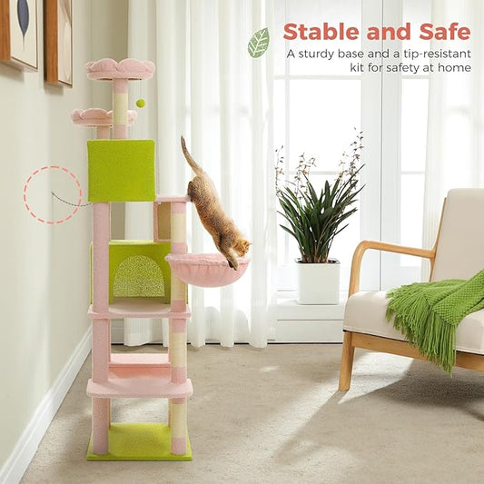 Flower Cat Tree Tall 70.8" for Adult Indoor Cats, 8-Levels Large Cat Tower with 8 Sisal Posts, 2 Hammocks, 2 Condos, Big Perch & 3 Pom Poms for Multi-Cats Household â Carpet Pink