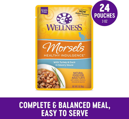 Wellness Healthly Indulgence Morsels Adult Wet Cat Food, Natural, Protein-Rich, Grain Free, 3 Ounce Pouch, 24 Pack, (Turkey & Duck)