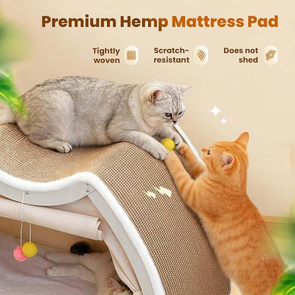 Cat Houses for Indoor Cats - Large Cat Bed Cave with Natural Sisal Cat Scratcher Mat, Solid Wood Frame Cat House with Curtains and Cat Floor Scratching Pad Rug, Protect Couch and Carpets, L