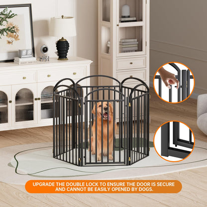 6 Panles Full Matel Freestanding Dog Gates with Door, 144"Extra Wide 36"Tall Free Standing Dog Pet Gate for Indoor & Outdoor. Foldable Pet Fences for Doorways, House, Stairs, Porch, Deck, Yard