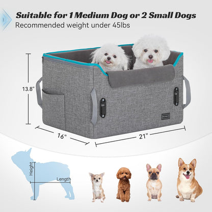 PETSFIT Dog Booster Car Seat for Small/Medium Dogs, Dog Car Seat for Medium Sized Dog with 2 Clip-On Safety Leashes and Patented Buckles, Pet Car Seat with Storage Pockets for Pets Under 45Lbs (Grey) - Pawvie