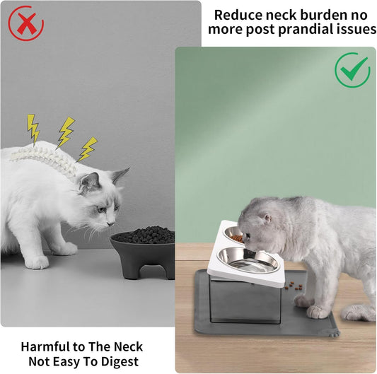 Upgraded Elevated Cat Bowls with Food Mat,15°Tilted Stand Anti Vomiting Raised Cat Dishes for Food and Water,2 Stainless Steel Bowls for Cats and PuppyďźWhiteďź