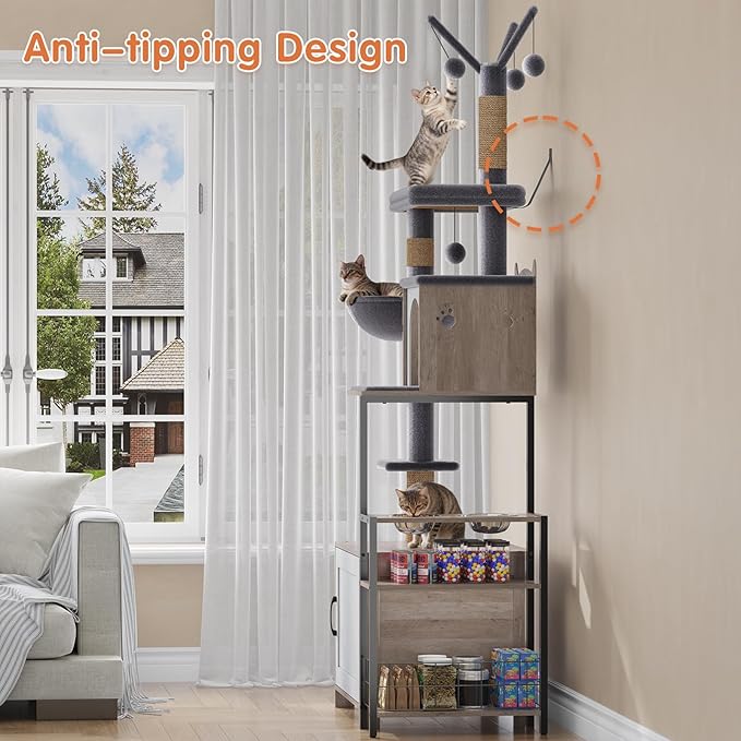 HavenlyYouth Cat Tree with Food Station and Litter Box Enclosure, Multi-Level Cat Tree Tower with Sisal Scratch Posts for Playtime, Plush Hammock in Gray for Cozy