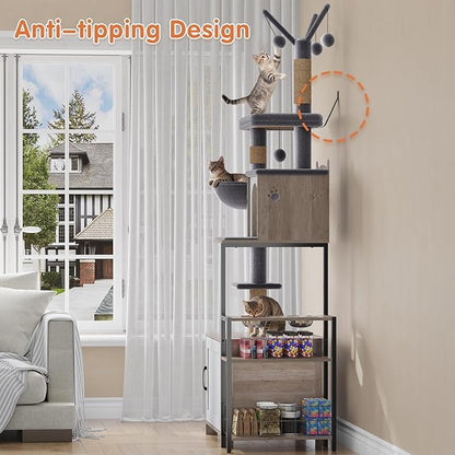 HavenlyYouth Cat Tree with Food Station and Litter Box Enclosure, Multi-Level Cat Tree Tower with Sisal Scratch Posts for Playtime, Plush Hammock in Gray for Cozy