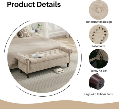 58.1'' Storage Bench Upholstered Chenille End of Bedroom Bed Bench Ottoman with Tufted Cushioned Rolled Arm Large Storage Space for Reading Living Room Entryway, Light Brown