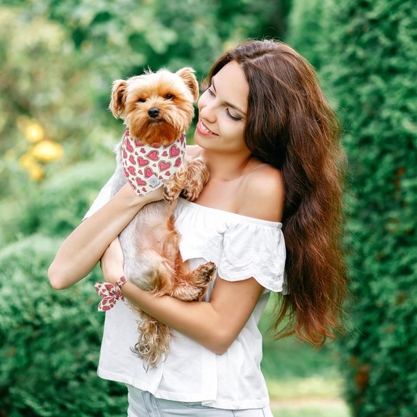 E-Clover Pink Watermelon Dog Bandanas & Matching Scrunchie Set Cute Heart Dog Scarf Bibs Pet Bandana with Bow Tie for Medium Large Dogs Owner Mom Spring Summer