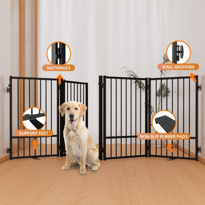 Full Metal Freestanding Dog Gate with Door, 32''Height Foldable Pet Dog Fence for Indoor & Outdoor, 4 Panels Extra Wide Free Standing TallDog Gates for Doorways,House,Stairs,Porch,Deck,Yard