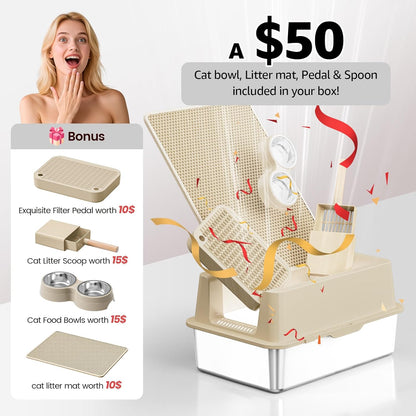 Stainless Steel Cat Litter Box - Enclosed XL Metal Kitty Litter Box with Lid for Big Cats, High Sided, Anti-Leakage, Easy Cleaning, Non-Sticky, Included Spoon & Aisle (Khaki)