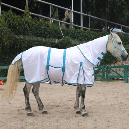 Horse Fly Sheet with Detachable Neck Cover & Belly Wrap, Adjustable Fly Sheet for Horses, Ventilated Airflow Mesh Equine Cooling Summer Flysheet White 69