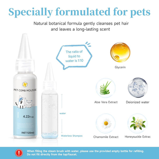 Pet Steam Brush for Dogs and Cats – 3-in-1 Pet Grooming Tool, Spray Portable Design, Suitable for Home and Travel, Ideal for Medium & Long-Haired Pets, Includes 2*Waterless Shampoo, Yellow