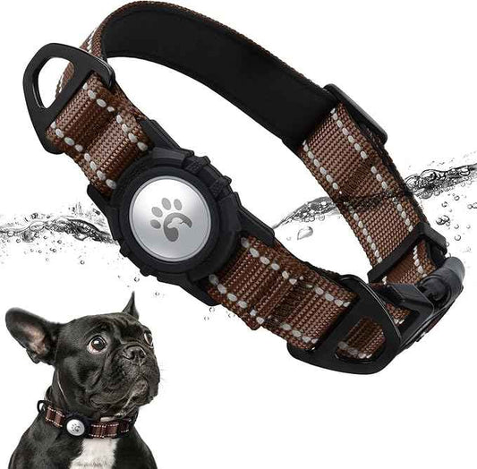 TagME Airtag Dog Collar,Waterproof Reflective Pet Collar with Airtag Holder,Soft Padded and Double D-Rings for Small Dogs,Brown