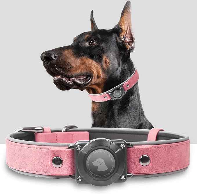 Leather AirTag Dog Collar, Waterproof Dog Collar with Air Tag Holder, Compatible with Apple Air Tag, Reflective, Durable, Comfortable Padded GPS Dogs Collars (Pink, M)