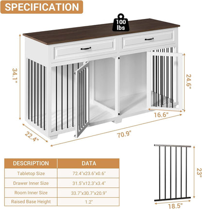 Large Dog Crate with Double Rooms, 72" Heavy Duty Wooden Dog Cage Furniture Dog Crate Kennel with Drawers & Removable Divider,Indoor Luxury Dog House for Large Dogs,White