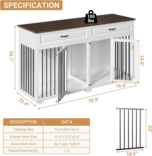 Large Dog Crate with Double Rooms, 72" Heavy Duty Wooden Dog Cage Furniture Dog Crate Kennel with Drawers & Removable Divider,Indoor Luxury Dog House for Large Dogs,White