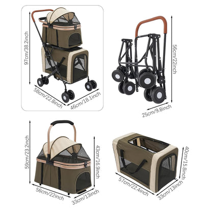 Double Pet Stroller with Detachable Carriers, Large Cat & Dog Stroller with 4 Wheels, Foldable Pet Strollers Small & Medium Dogs Cats 77lbs (Dark Green) - Pawvie