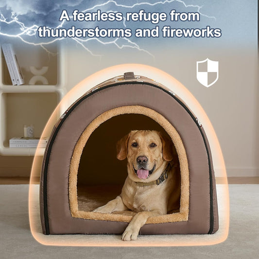 Jiupety 2 in 1 Dog House Indoor, Comfy Cave Bed Covered Dog Bed, Portable House for Large Dogs, 3XL(39"×32"×28"), Up to 90 Lb, Brown